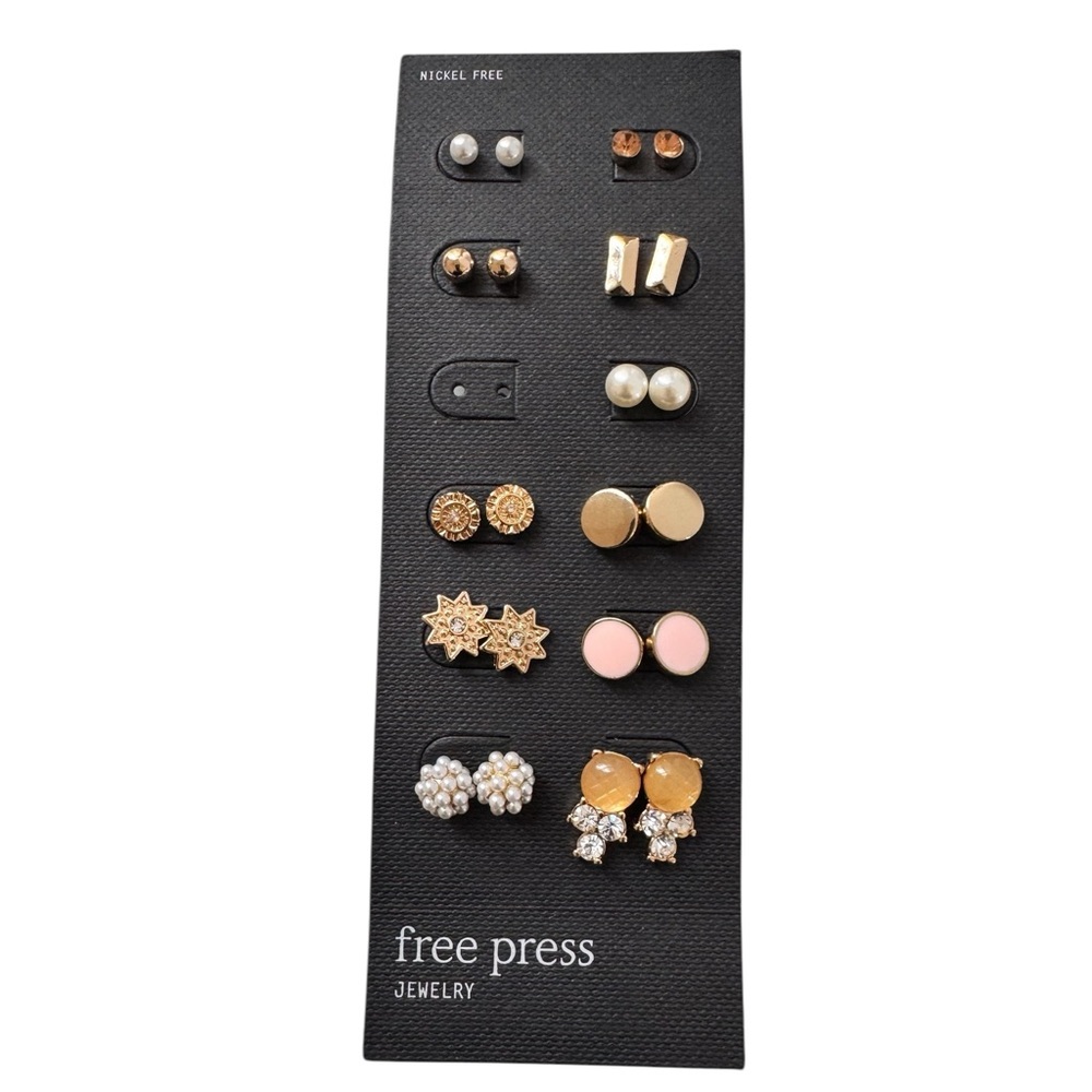 🔵 3/ $15 - Free Press Mixed Gold, Pearl, Crystal Earring Set 11 Pairs